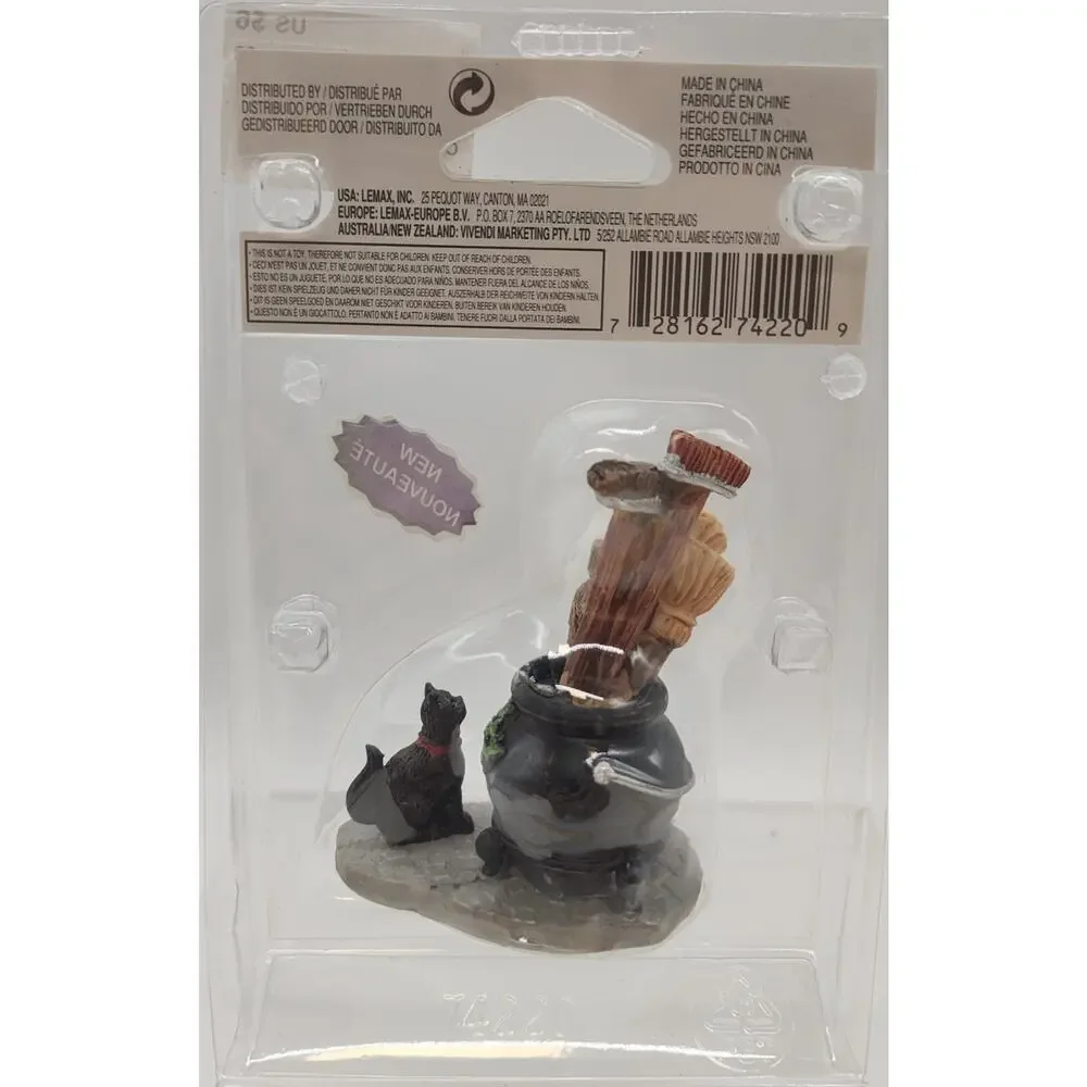 Lemax CAULDRON BROOM HOLDER # 74220 Halloween Spooky Town Retired NEW Black Cat